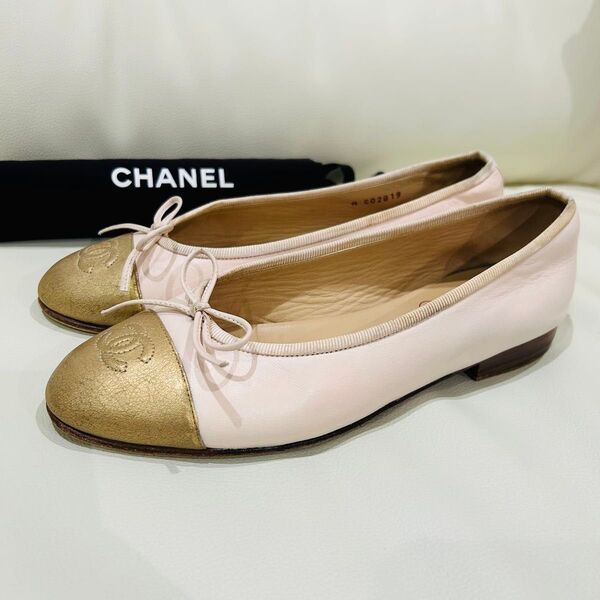 CHANEL ピンク ゴールド バレリーナ バレエシューズ 37 23.5cm 本革