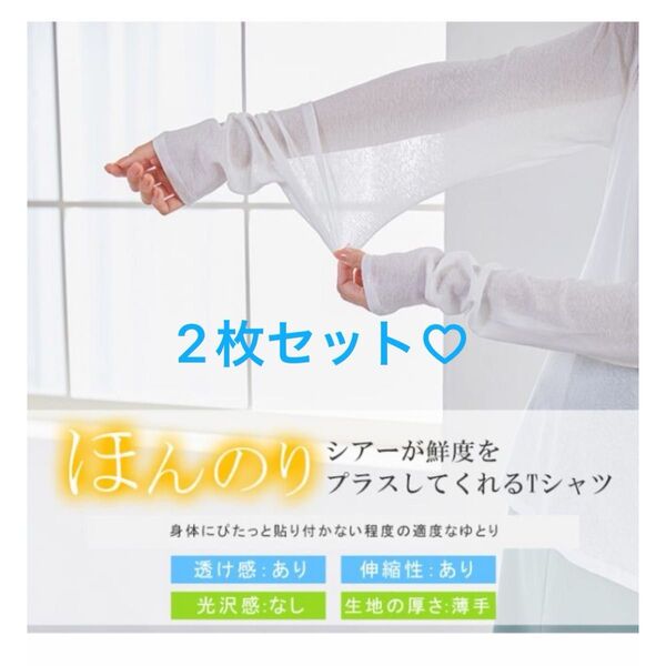 シアー ロング Tシャツ 2枚セット トップス ロンT UV 紫外線対策 接触冷感 さらさら 透け感 ホワイト 長袖