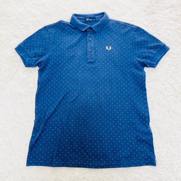 FRED PERRY 半袖ポロシャツ ドット柄 ロゴ刺繍 ブルー サイズM
