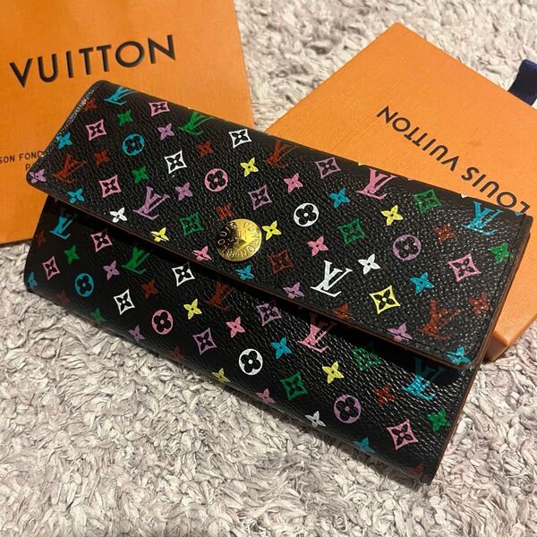 柄くっきり美品!ルイヴィトン LOUIS VUITTON マルチカラー長財布ポルトフォイユ サラ ブラック ベージュ