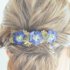 お花のバレッタ ネモフィラ レースフラワー 本物 ロングサイズ ハンドメイド
