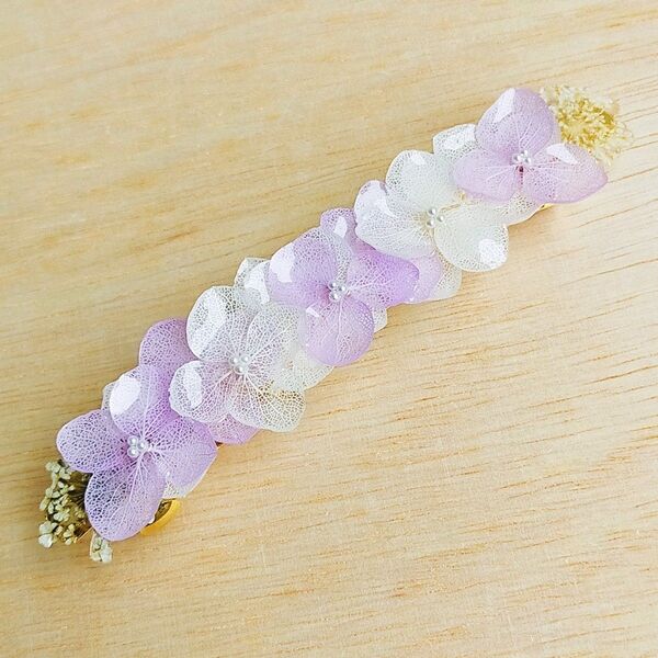 紫陽花のバレッタ 大きめ ロングサイズ 本物 ハンドメイド 髪飾り ヘアアクセサリー アジサイ あじさい