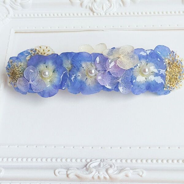 お花のバレッタ ネモフィラ アジサイ レースフラワー 本物 ロングサイズ ハンドメイド 花 フラワー 髪飾り ヘアアクセサリー