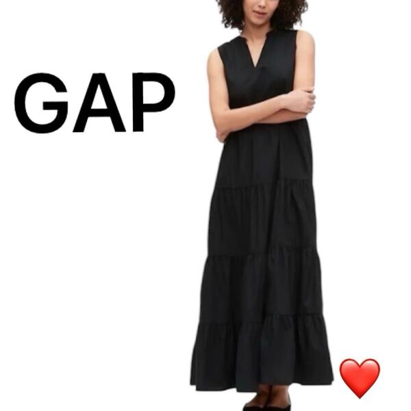【美品】GAP ノースリーブティアードロングワンピース レディースマキシ丈 XS(SS) ブラック 黒無地 ギャップ フレアー春夏