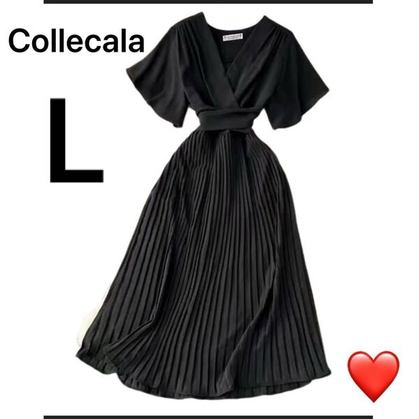 【美品】プリーツスカート ミモレロングシャツワンピース フレア半袖夏ワンピース 韓国風大人ウエストリボン付き ブラック(黒) L