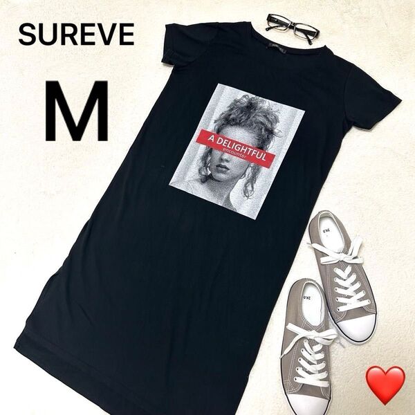 SUREVE 半袖カットソーワンピース ロゴプリント半袖Tシャツロング レディースM 夏 黒(ブラック) カジュアルワンピース