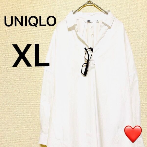 【美品】【XL】LL ユニクロレディース長袖開襟シャツブラウス トップス ホワイト(白) 無地 UNIQLO カジュアルシャツ 綿