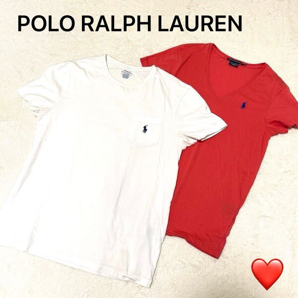 ポロラルフローレン RALPH LAUREN SPORT 半袖Tシャツカットソー ロゴ刺繍 コーラルピンクM 白 L レディース