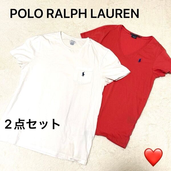 ポロラルフローレン RALPH LAUREN SPORT 半袖Tシャツカットソー ロゴ刺繍 コーラルピンクM 白 L レディース