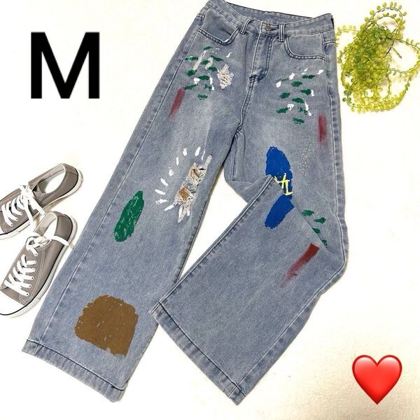 【美品】Achic アシック カラフルデニムパンツ ジーンズ カジュアルパンツ レディース 春夏 派手 M ハイウェストボトムス