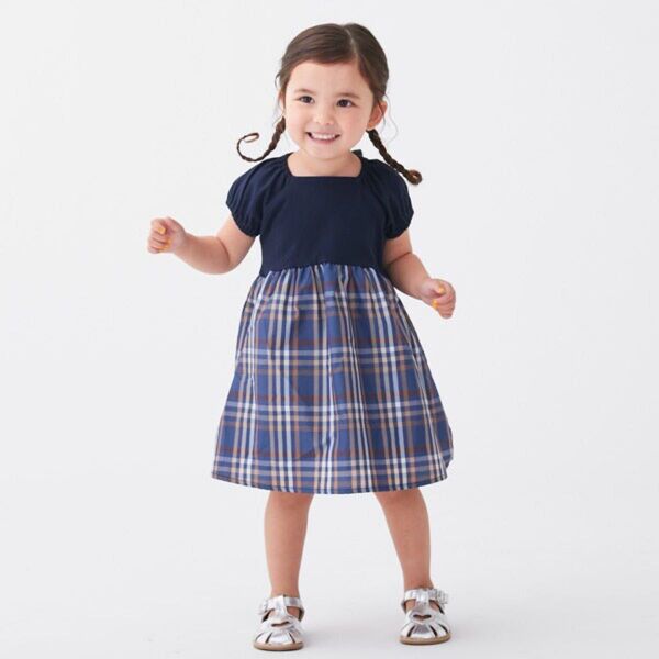 petit main チェックドッキングワンピース 女の子 90 ネイビー チェック柄 リボン 夏服 ワンピース ブルー