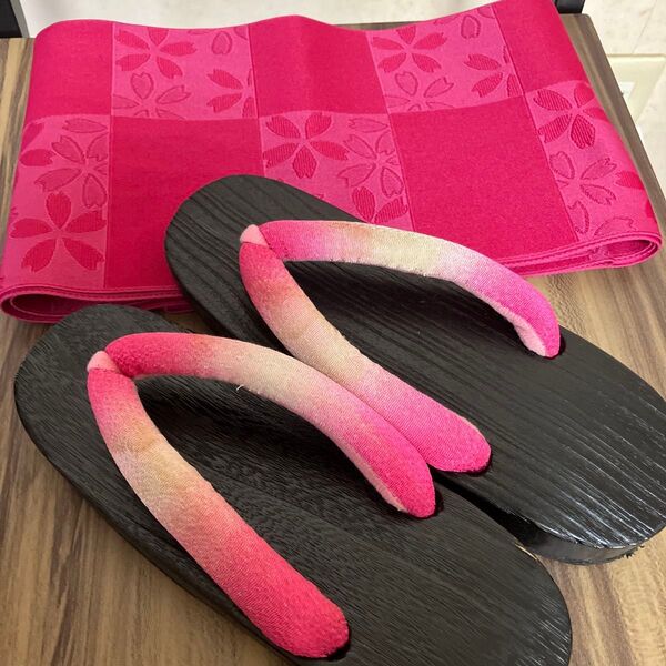 浴衣用下駄と帯セット ピンク 桜柄 グラデーション