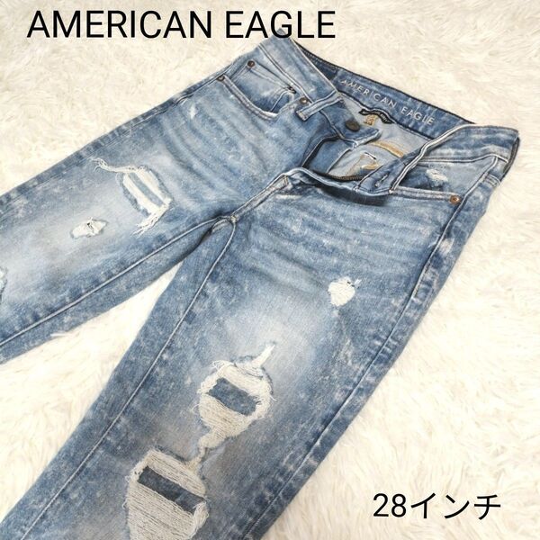 AMERICAN EAGLE アメリカンイーグル レディーススキニーデニム ダメージ加工 28インチ ジーンズ ライトブルー