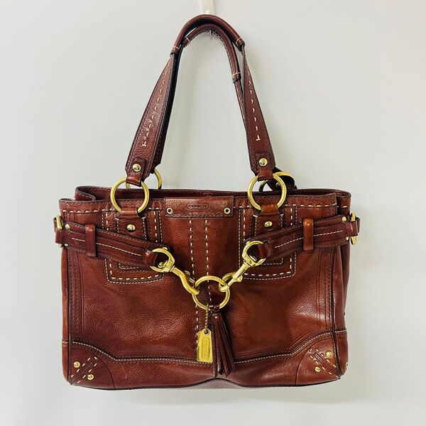 COACH コーチ レザー トートバッグ ハンドバッグ ハンプトンズ 肩掛け ブラウン系