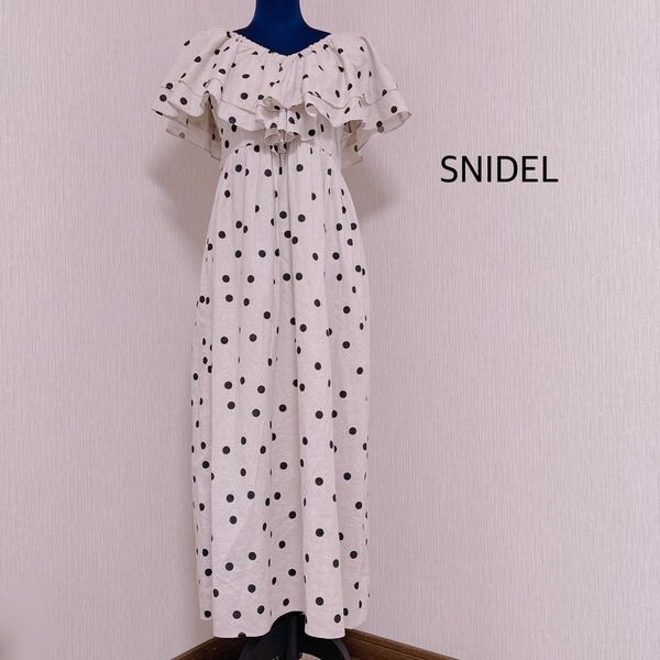 【美品】SNIDEL スナイデル エンジェルスリーブワンピース ドット フリル リボン リネン ロング ワンピース
