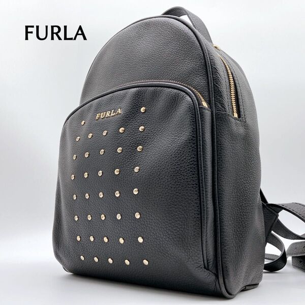 FURLA フルラ スタッズ付き リュック バックパック レザー 黒 ブラック 本革
