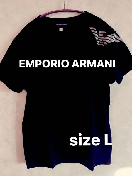 EMPORIO ARMANI 日本製 肩ロゴプリントTシャツ ブラック Lサイズ