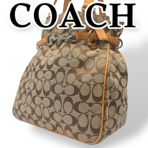 COACH コーチ トートバッグ キャンバス シグネチャー 肩掛け 金具 レザー ブラウン チャーム付き 6352