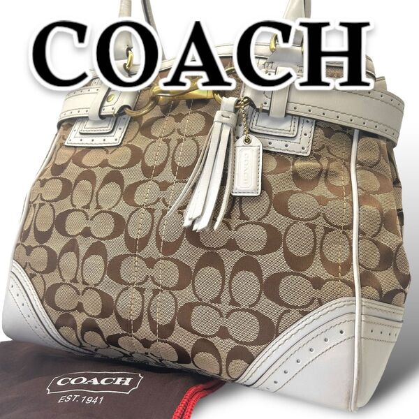【良品】COACH コーチ トートバッグ キャンバス 肩掛け 10509 レザー シグネチャー 保存袋 チャーム付き