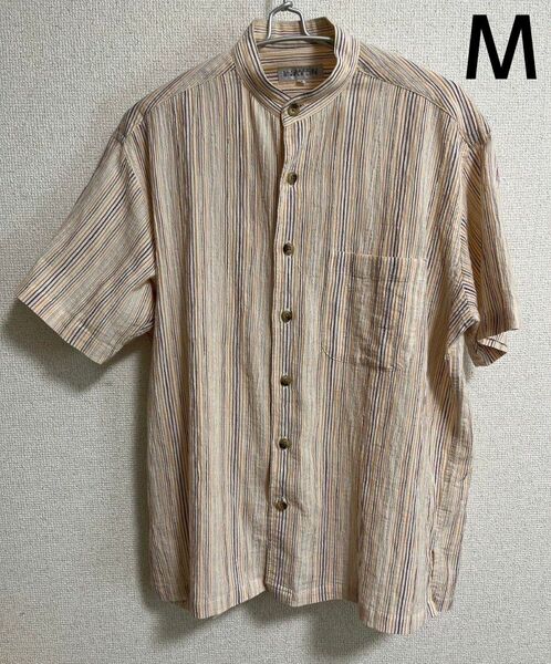 SIMPLE LIFE シンプルライフ サッカー生地 ストライプ スタンドカラー 半袖シャツ Mサイズ メンズ 麻混
