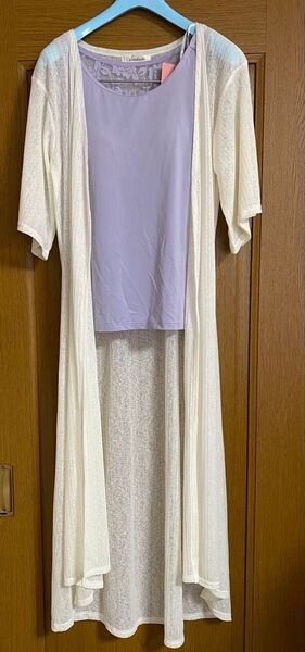 レディース 半袖 ロングカーディガン ホワイト カップ付きインナー ラベンダー 2点セット サイズM 新品 未使用