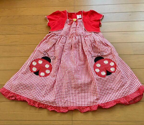 美品★youngland♪てんとう虫モチーフ重ね着風ワンピース 6T120