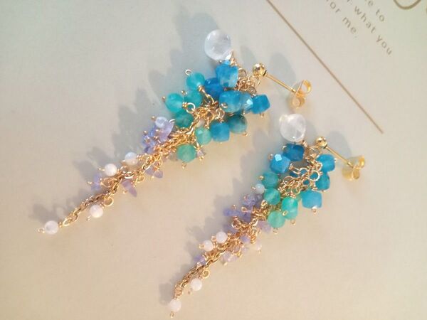 No.329 海色空色グラデーションピアス 天然石 14Kgf&ステンレス製 ハンドメイド #tatami
