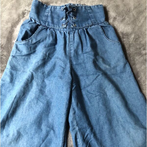 マザウェイズ デニム ワイドパンツ ハイウエスト レースアップ 140