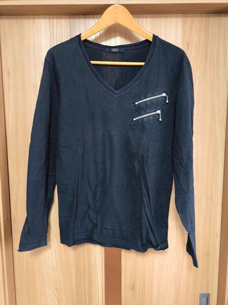 AZUL by moussy Vネック 長袖Tシャツ 黒 メンズ