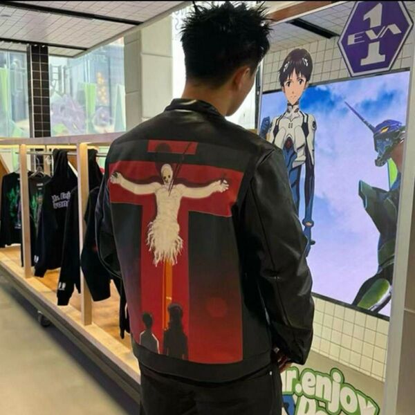 エヴァンゲリオン エヴァ 革ジャン 黒 ブラック L ジャケット レザー レザージャケット コラボ アウター
