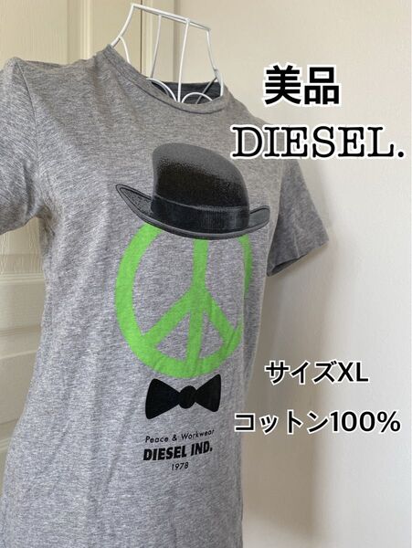 美品!ディーゼル/DIESEL グレー半袖TシャツXL コットン100 レディーストップス カットソー 綿100 大きいサイズ