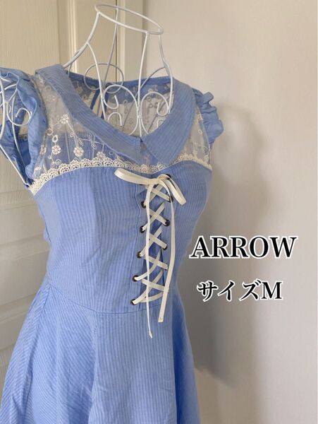 アロー/ARROW 水色レースアップワンピース M フレアスカート ノースリーブ