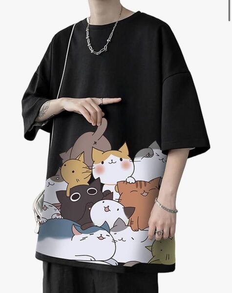 Tシャツ メンズ 半袖 丸襟ファッション 大きいサイズ 薄手 無地 吸汗 通気性 猫柄
