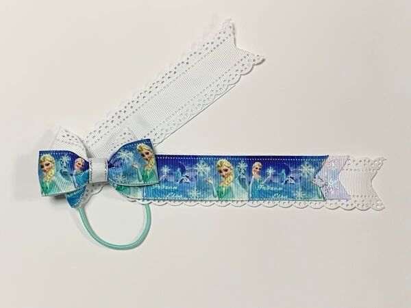 No.472 ハンドメイドヘアゴム ロング 雪結晶柄パープル プリンセス アナ雪 エルサ