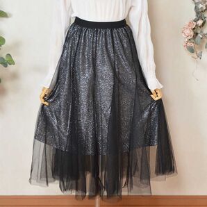 新品☆M~L ラメ チュールスカート フレアスカート レディース パーティー ダンス用 きれいめ/ブラック/12196419