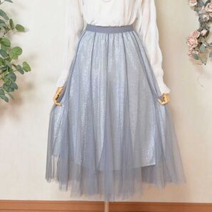 新品☆M~L ラメ チュールスカート フレアスカート レディース パーティー ダンス用 きれいめ/グレー/12196419