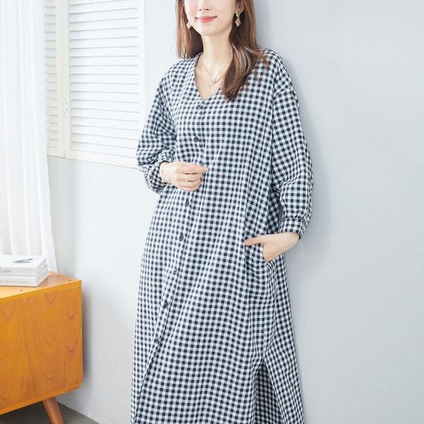 新品☆黒 M〜L ゆったりめ チェック柄 ワンピース レディース 7分袖 スリット入 ロングカーディガン 綿 /11218299