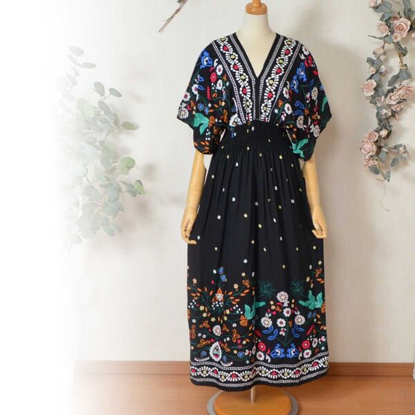 新品☆ワンピ M~L フラワー柄 Vネック ウエストシャーリング ロング ワンピース レディース/ネイビー/C38-1156A