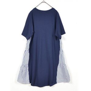 新品☆M~L サイドストライプ切替 チュニック レディース カットソー 半袖 きれいめ 夏/ネイビー 紺/12080685-196