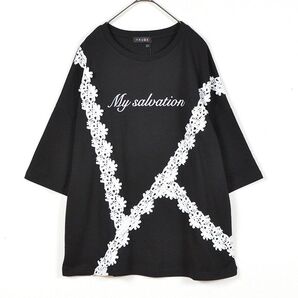 新品☆M~L レースリボン使い プリントデザイン カットソー レディース 6分袖 きれいめ 春夏/ブラック 黒/12076801