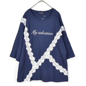 新品☆M~L レースリボン使い プリントデザイン カットソー レディース 6分袖 きれいめ 春夏/ネイビー/12076801