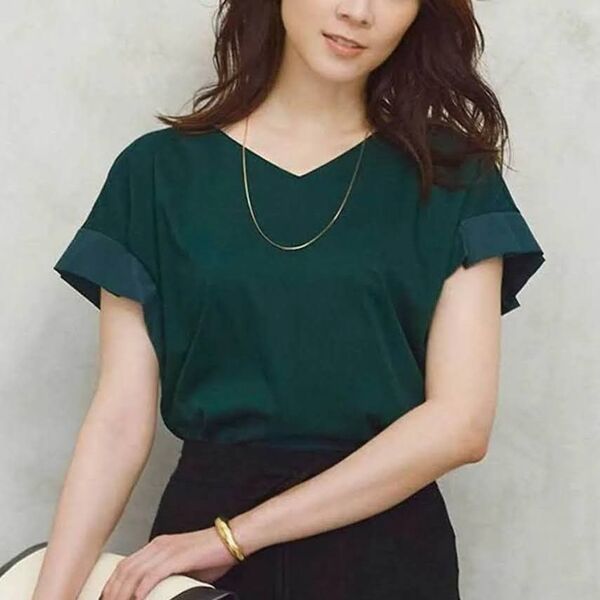 美品!! 23区☆ ブロードコンビクロス ジャージー 半袖 カットソー /グリーン 38 Vネック