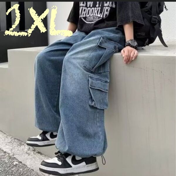 ブルーデニム カーゴパンツ 2XL ワイド 男女兼用 ゆったり ゆるダボ