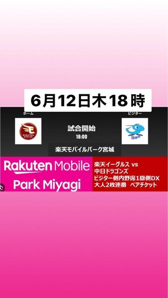楽天モバイルパーク宮城 6月12日(木)18時スタート 中日ドラゴンズVS楽天イーグルス 一塁側(ビジター)内野席おとな2枚連番