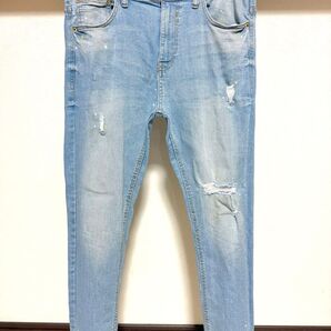 伸縮性強め 春夏用 ペイント ZARA MAN ストレッチ デニム 42 32 スキニー ダメージ パンツ メンズ ジーンズ 青