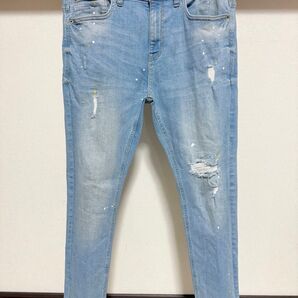 伸縮性強め 春夏用 ペイント ZARA MAN ストレッチ デニム 40 31 スキニー ダメージ パンツ メンズ ジーンズ 青