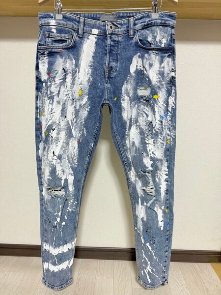 ペイント ZARA MAN ダメージ 加工 デニム 送料410円 44 34 メンズ スキニー ストレッチ ジーンズ パンツ