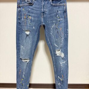 伸縮性強め 柔らかめ ペイント ZARA MAN ストレッチ デニム 38 30 ダメージ メンズ スキニー ジーンズ パンツ
