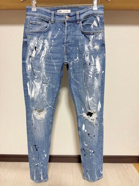 春夏カラー ペイント ZARA MAN ダメージ デニム 38 30 メンズ スキニー ストレッチ ジーンズ ジーパン パンツ