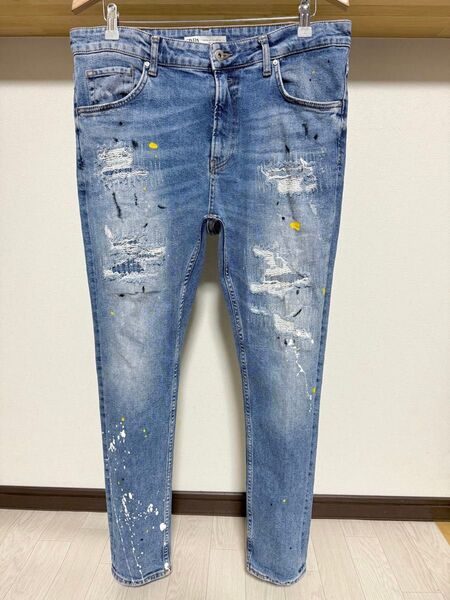 春夏カラー ペイント ZARA MAN ダメージ 加工 デニム 44 34 メンズ スキニー ストレッチ ジーンズ パンツ